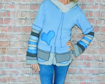 Wool Free hoodie, Boho sweater, Patchwork hoodie, Hoodie with pixie hood, Katwise style, H#040826