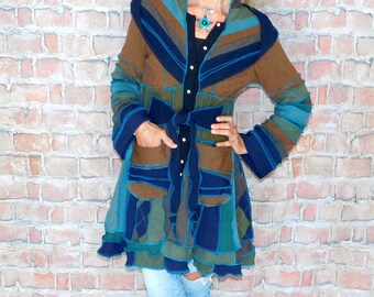 Cashmere and wool Sweater coat, Patchwork coat, Katwise style, Upcycled sweater coat, Elf coat, Boho Hippie Funky, Festival coat  SC#071226