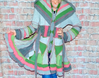 Cashmere and wool Sweater coat, Patchwork coat, Katwise style, Upcycled sweater coat, Elf coat, Boho Hippie Funky, Festival coat  SC#012226