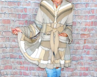 Cashmere and wool Sweater coat, Patchwork coat, Katwise style, Upcycled sweater coat, Elf coat, Boho Hippie Funky, Festival coat  SC#071326