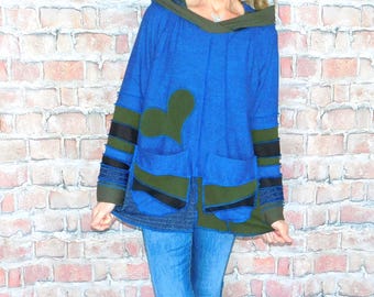 Wool Free hoodie, Boho sweater, Patchwork hoodie, Hoodie with pixie hood, Katwise style, H#022526