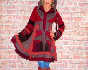 Cashmere and wool Sweater coat Patchwork coat Katwise style Upcycled sweater coat Elf coat Boho Festival coat SC#101823