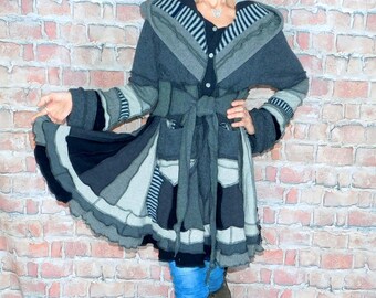 Cashmere and wool Sweater coat, Patchwork coat, Katwise style, Upcycled sweater coat, Elf coat, Boho Hippie Funky, Festival coat  SC#012826