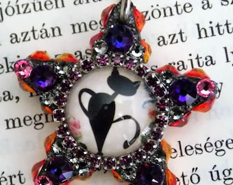 Star pendant with glass Cat cabochon and Swarovski crystals Wearable art, boho funky hippie jewelry OOAK   #S0614z