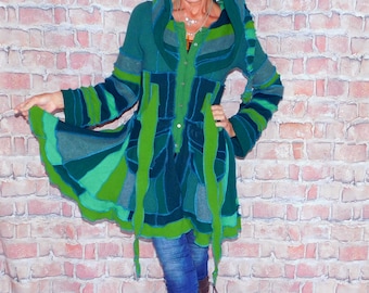 Cashmere and wool Sweater coat Patchwork coat Katwise style Upcycled sweater coat Elf coat Boho Festival coat SC#012425