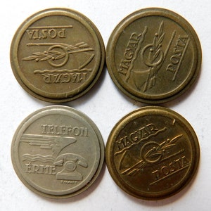 Public payphone tokens, 4 Hungarian telephone tokens from the 1960s, Vintage coin, Art project, magyar posta token,  brass and bronze token