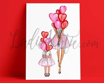 valentines day, galentine's day, mommy and me, girly art print, mom art, girls room, gifts for mom, mother daughter art, girl mom