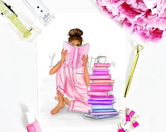 May include: A woman in pink pajamas sits with a stack of books and a cup of coffee. She is reading a pink book.