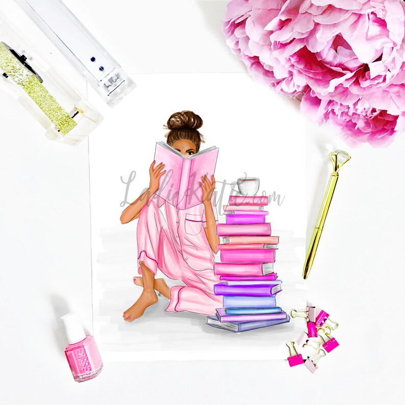 May include: A woman in pink pajamas sits with a stack of books and a cup of coffee. She is reading a pink book.