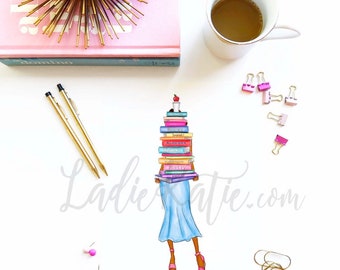 May include: An illustration of a person carrying a stack of colorful books, with a red apple on top. Gold pens, a cup of coffee, and pink binder clips are scattered around. A pink book and gold decorative object are also present.
