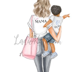 May include: A woman wearing a white t-shirt with the text "I am Mama" and jeans is holding a child wearing a white t-shirt with the text "I got it from my Mama" and blue shorts. The woman is carrying a pink tote bag.