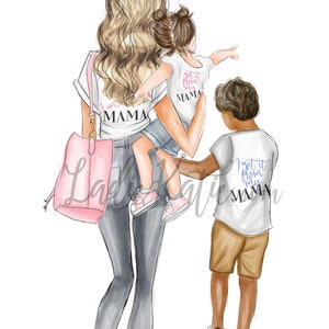May include: A woman carrying a young girl on her back, both wearing white t-shirts with the text "I got it from my mama". A boy wearing a white t-shirt with the same text is walking beside them. The woman is carrying a pink tote bag.