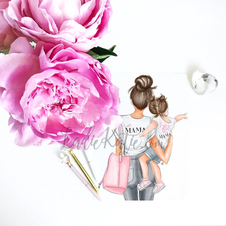 May include: A watercolor illustration of a mother and daughter wearing matching white t-shirts with the text "I am Mama" and "I love my Mama". The mother is holding the daughter in her arms and they are both looking away from the viewer. The mother is wearing blue jeans and a pink handbag.