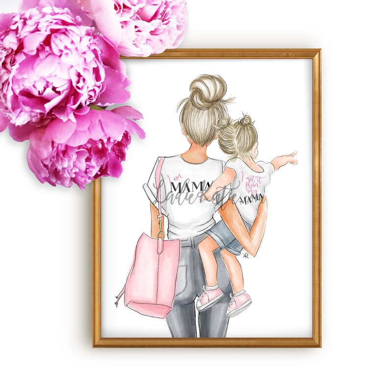 May include: A watercolor illustration of a mother and daughter wearing matching white t-shirts. The mother's shirt says "I am Mama" and the daughter's shirt says "I got it from my Mama".