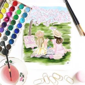 Picnic, acquerello migliore amico, stampa migliore amica, stampa BFF, arte BFF, arte migliore amica, stampa besties, arte besties, regali per lei