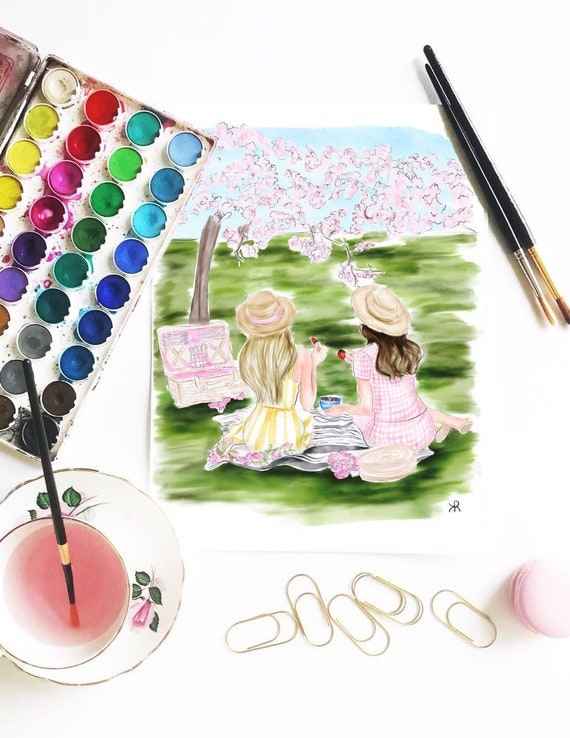 Picnic, Best Friend watercolor, best friend print, BFF print, BFF art, Best friend Art, besties print, besties art, gifts for her