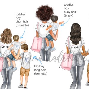 May include: Illustration of a woman with four children. The woman is wearing a white t-shirt with the text "I love MAMA" on it. The children are wearing similar t-shirts with different variations of the text. The woman is carrying a pink tote bag. The children are all different ages and have different hair colors and styles.