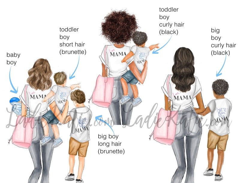 May include: Illustration of a woman with four children. The woman is wearing a white t-shirt with the text "I love MAMA" on it. The children are wearing similar t-shirts with different variations of the text. The woman is carrying a pink tote bag. The children are all different ages and have different hair colors and styles.