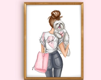 Dog mom, dog lover illustration, dog lover art, maltese, dog illustration, shih tzu, best friend, gifts for her, dog lover gift
