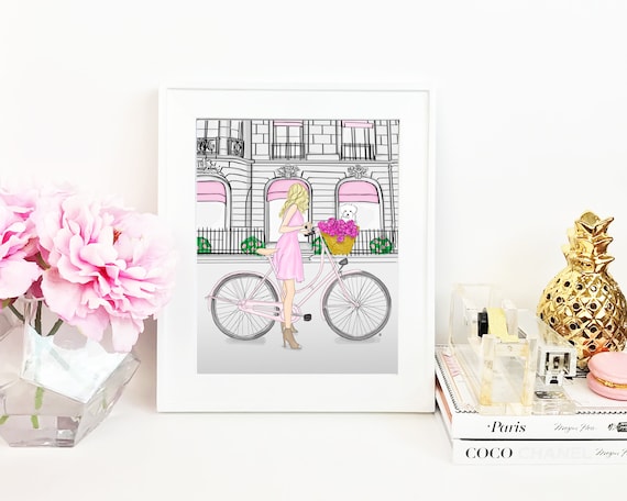 Blonde on a Bike, Brunette on a Bike, girly illustration, girly girl art, girly art, fashion sketch, dog lover fashionista print