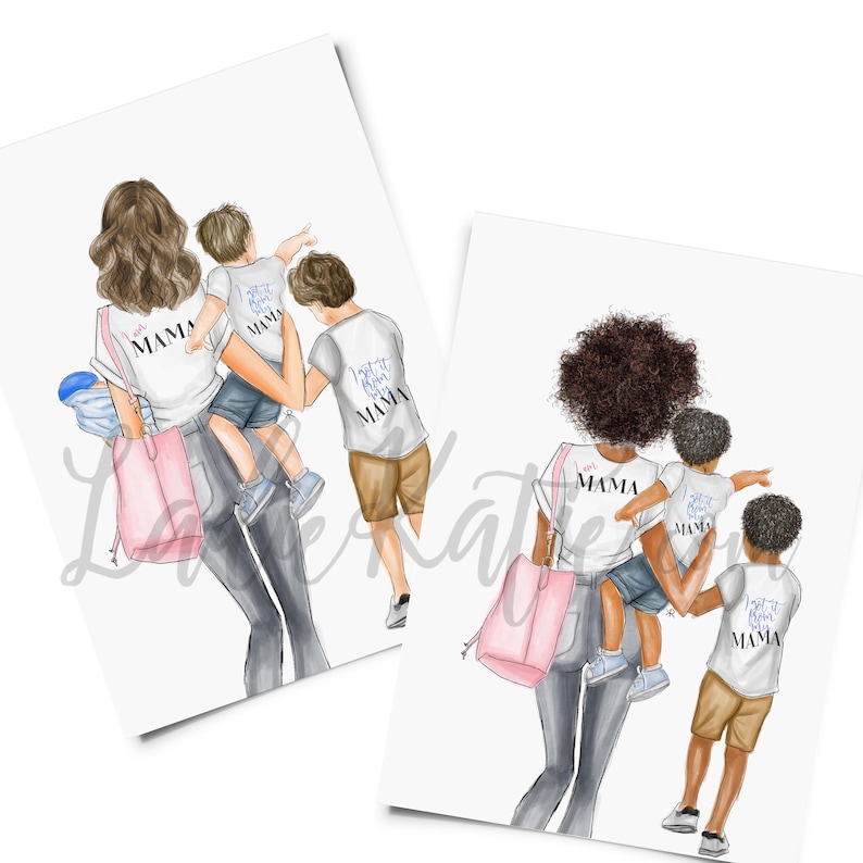 May include: Two illustrations of mothers with their children. The mothers are wearing white t-shirts with the text "I got it from my mama" on the back. The children are wearing white t-shirts with the text "I got it from my mama" on the back. The mothers are holding their children in their arms. The mothers are wearing jeans and the children are wearing shorts.