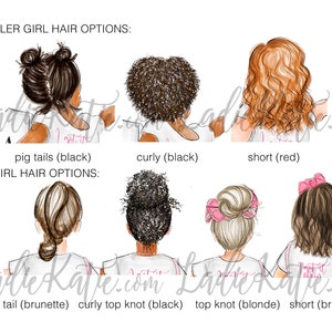 May include: Illustration of different hairstyle options for girls.  The top row shows toddler hairstyles: pigtails, curly, and short. The bottom row shows big girl hairstyles: ponytail, curly top knot, top knot, and short.
