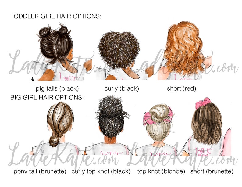 May include: Illustration of different hairstyle options for girls.  The top row shows toddler hairstyles: pigtails, curly, and short. The bottom row shows big girl hairstyles: ponytail, curly top knot, top knot, and short.