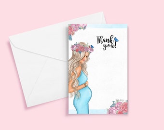 May include: A thank you card with a watercolor background featuring a pregnant woman in a blue dress with a floral crown. The text "Thank you!" is written in black cursive.