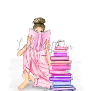 May include: A woman in pink pajamas sits on the floor reading a book. A stack of books and a cup of coffee are next to her.