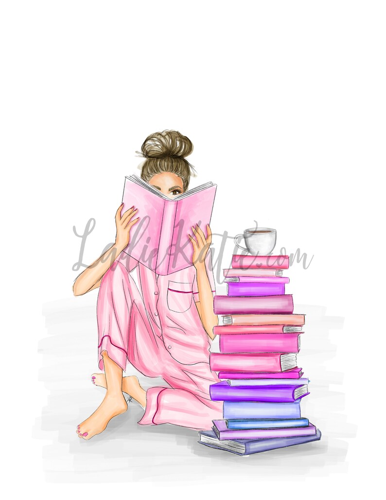 May include: A woman in pink pajamas sits on the floor reading a book. A stack of books and a cup of coffee are next to her.