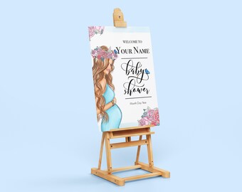May include: A welcome sign for a baby shower with a floral design and a pregnant woman in a blue dress. The sign says "Welcome to YOUR NAME Baby Shower Month Day Year".