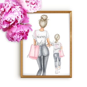 May include: A watercolor illustration of a mother and daughter walking. The mother is wearing a white t-shirt with the text "I'm Mama" and the daughter is wearing a white t-shirt with the text "Got it from my Mama". Both are wearing jeans and carrying pink tote bags.
