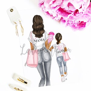 May include: A digital illustration of a mother and daughter wearing white t-shirts with pink lettering. The mother's shirt says "I am Mama" and the daughter's shirt says "I got it from my Mama". They are both wearing jeans and carrying pink tote bags.