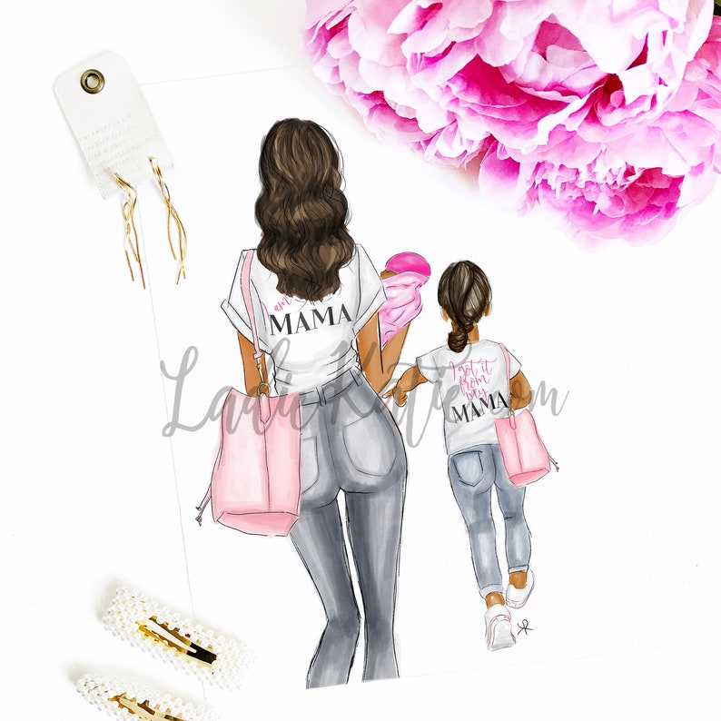 May include: A digital illustration of a mother and daughter wearing white t-shirts with pink lettering. The mother's shirt says "I am Mama" and the daughter's shirt says "I got it from my Mama". They are both wearing jeans and carrying pink tote bags.