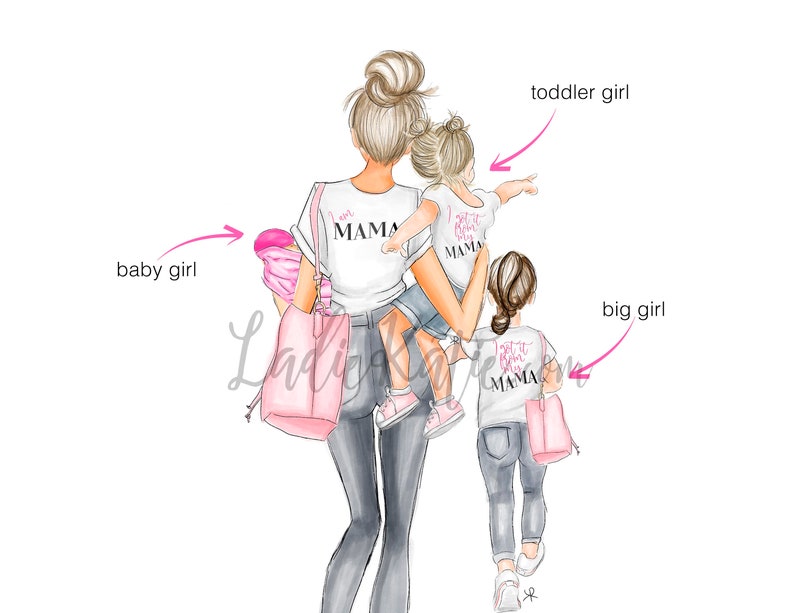 May include: A woman with three daughters wearing white t-shirts with the text "I got it from my mama" in pink. The woman is carrying a baby girl in a pink and white blanket. The toddler girl is pointing to the right. The big girl is holding a pink bag.