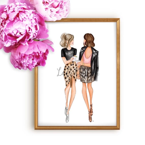 besties print, bff print, drinks, cheers, blonde, brunette, girly art, gifts for her, fashion lover, girly print, besties, best friend art