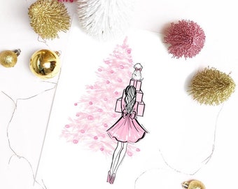 Christmas illustration, holiday illustration, christmas decor, dog lover, christmas print, gifts for her, maltese, pink Christmas, pink love