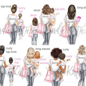 May include: Illustration of ten women with different hairstyles and their children. Each woman is wearing a white t-shirt with the word "MAMA" printed on it. Each child is wearing a white t-shirt with the words "I love my MAMA" printed on it. The women are holding their children and have different hairstyles, including a top knot, pony tail, short hair, pigtails, long straight hair, curly hair, and long waves.