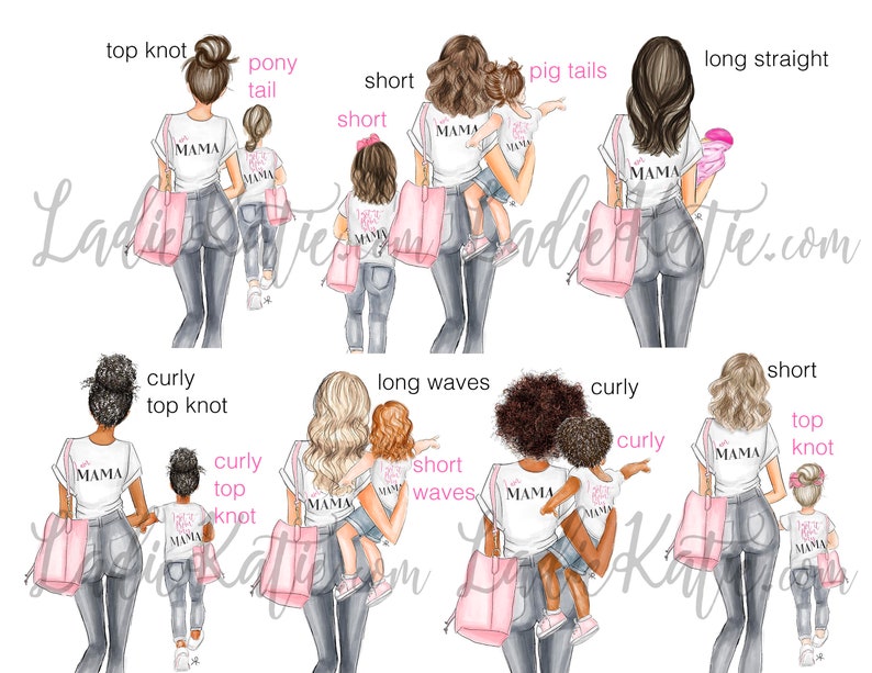 May include: Illustration of ten women with different hairstyles and their children. Each woman is wearing a white t-shirt with the word "MAMA" printed on it. Each child is wearing a white t-shirt with the words "I love my MAMA" printed on it. The women are holding their children and have different hairstyles, including a top knot, pony tail, short hair, pigtails, long straight hair, curly hair, and long waves.