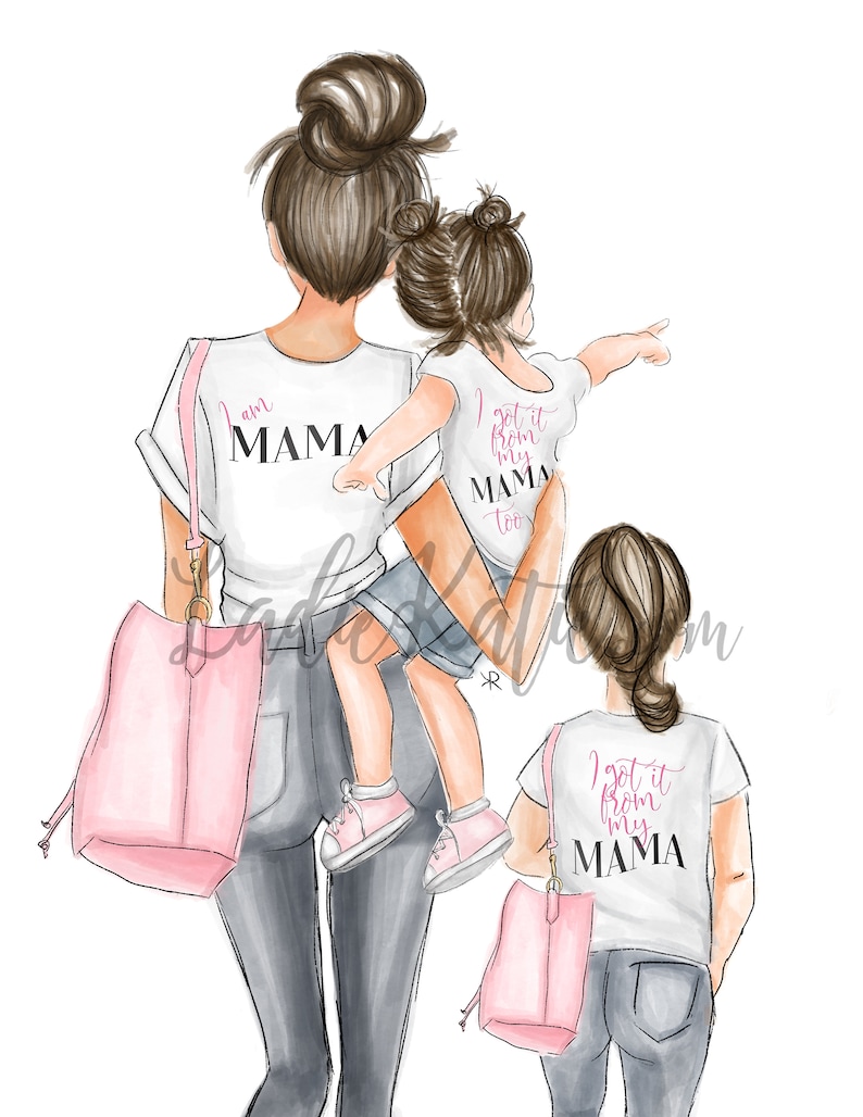 May include: A watercolor illustration of three people wearing white t-shirts with pink text. The text on the shirts reads "I am Mama", "I got it from my Mama too", and "I got it from my Mama".