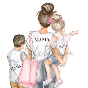 May include: A mother and her two children are walking together. The mother is wearing a white t-shirt with the text "I am MAMA" printed on it. The son is wearing a white t-shirt with the text "I got it from my MAMA" printed on it. The daughter is wearing a white t-shirt with the text "I got it from my MAMA" printed on it.