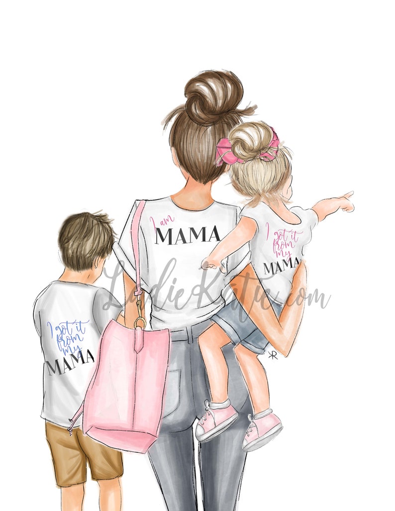 May include: A mother and her two children are walking together. The mother is wearing a white t-shirt with the text "I am MAMA" printed on it. The son is wearing a white t-shirt with the text "I got it from my MAMA" printed on it. The daughter is wearing a white t-shirt with the text "I got it from my MAMA" printed on it.