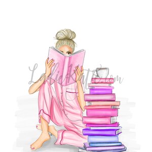 May include: A woman in pink pajamas sits on the floor reading a book. She has a cup of coffee and a stack of books next to her.