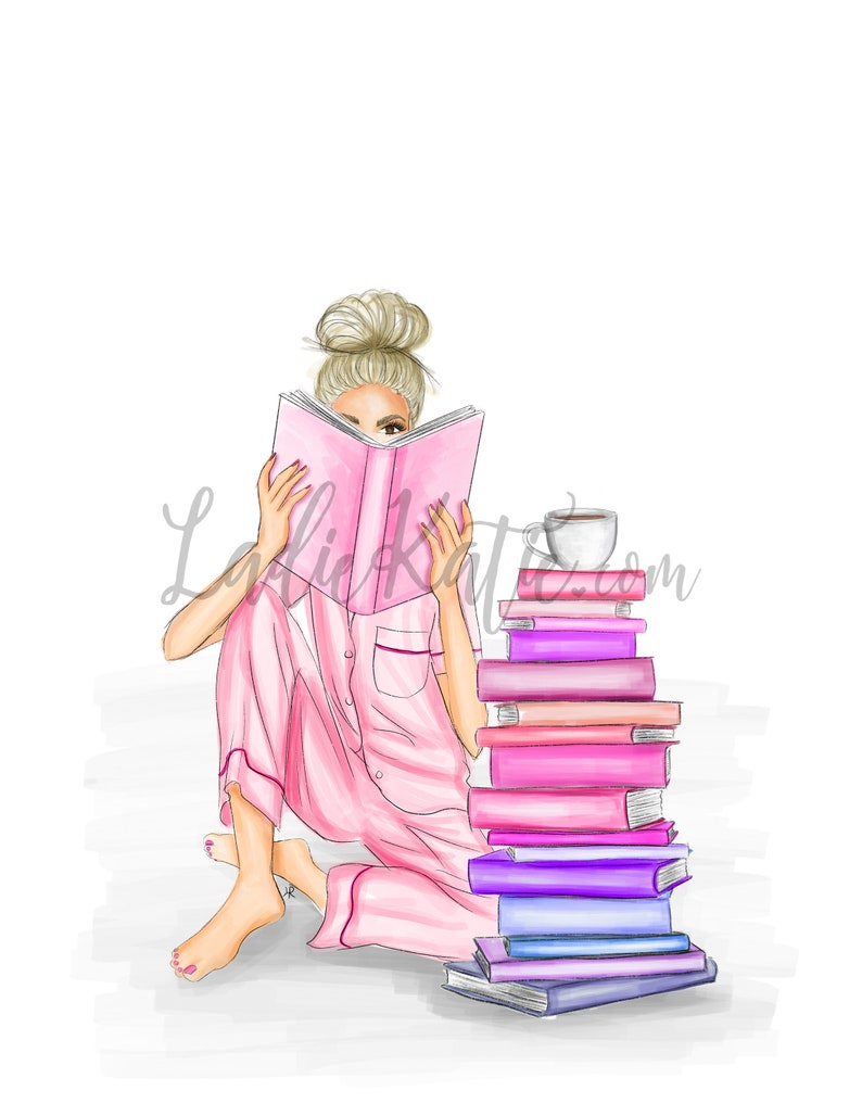 May include: A woman in pink pajamas sits on the floor reading a book. She has a cup of coffee and a stack of books next to her.