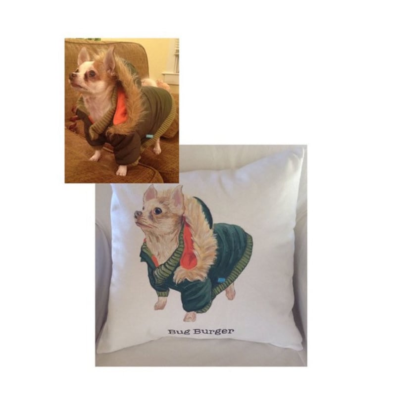May include: A white pillow with a printed image of a small, light brown chihuahua wearing a green and orange jacket. The text "Bug Burger" is printed below the image.