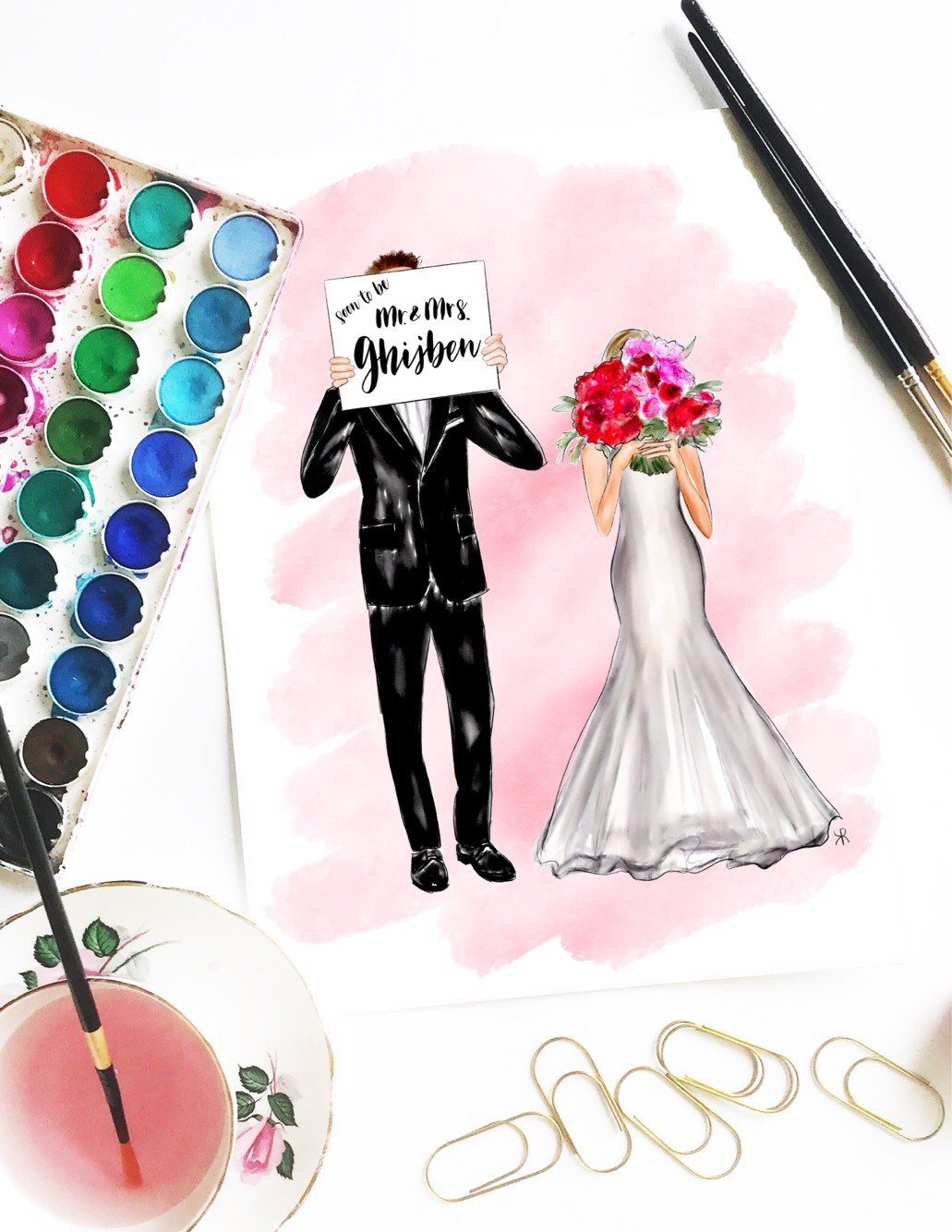 wedding print, bride and groom, custom wedding gift, wedding painting, wedding warercolor, tie