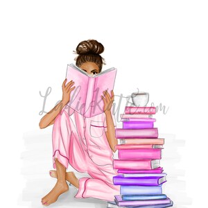 May include: A woman in pink pajamas sits on the floor reading a book. A stack of books and a cup of coffee are next to her.