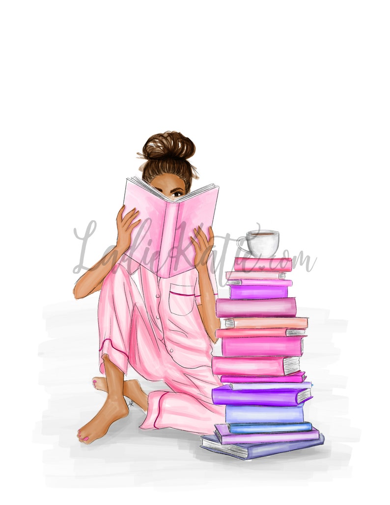 May include: A woman in pink pajamas sits on the floor reading a book. A stack of books and a cup of coffee are next to her.