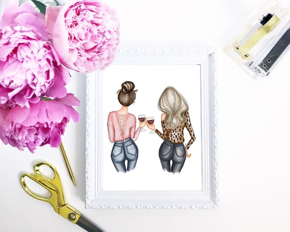 besties print, bff print, wine lover, wine art, girly art, gifts for her, fashion lover, girly print, besties, best friends, customizable