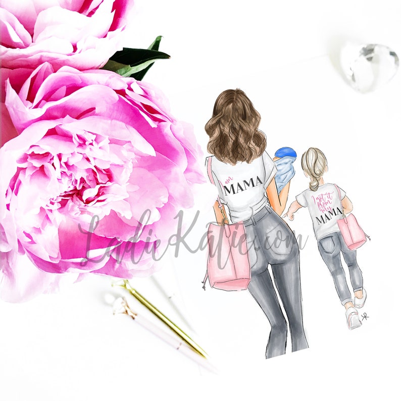 May include: A watercolor illustration of a woman and a child walking. The woman is wearing a white t-shirt with the text "I am Mama" and the child is wearing a white t-shirt with the text "I got it from my Mama".